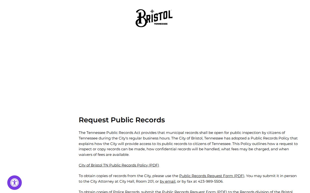 City of Bristol public records request page