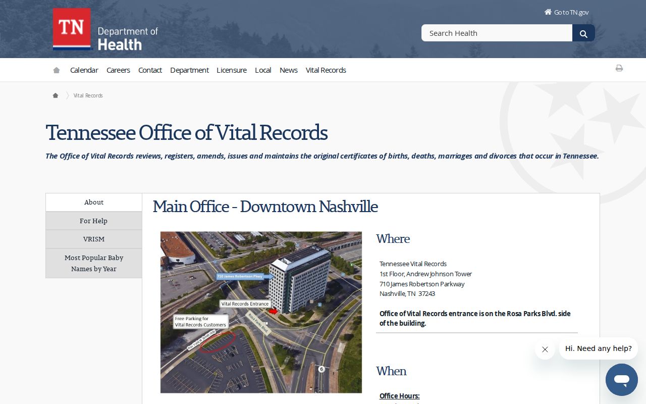 Tennessee Office of Vital Records page