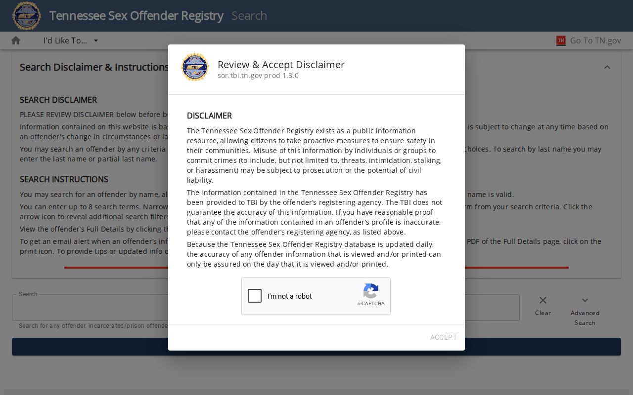Bristol resident lookup image of the TBI offender registry search